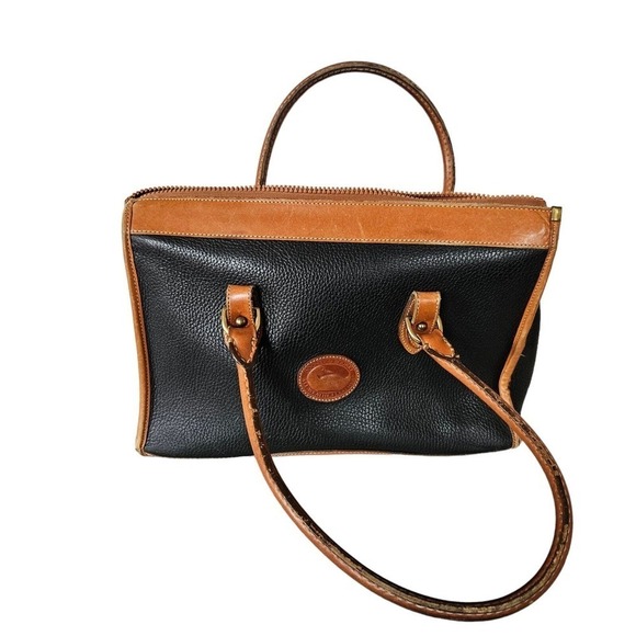 Vtg Dooney & Bourke All Weather Leather Classic Satchel Handbag Black Brown - Picture 1 of 16